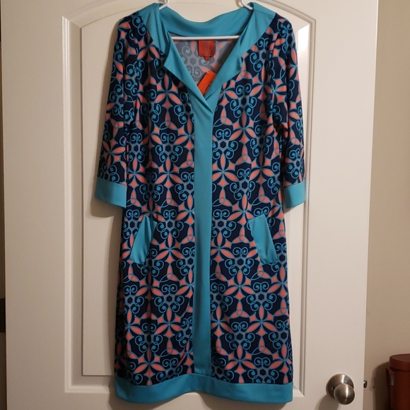 Tracy Negoshian Bright Blue Geo Cross Flower Dress - Picture 2 of 7